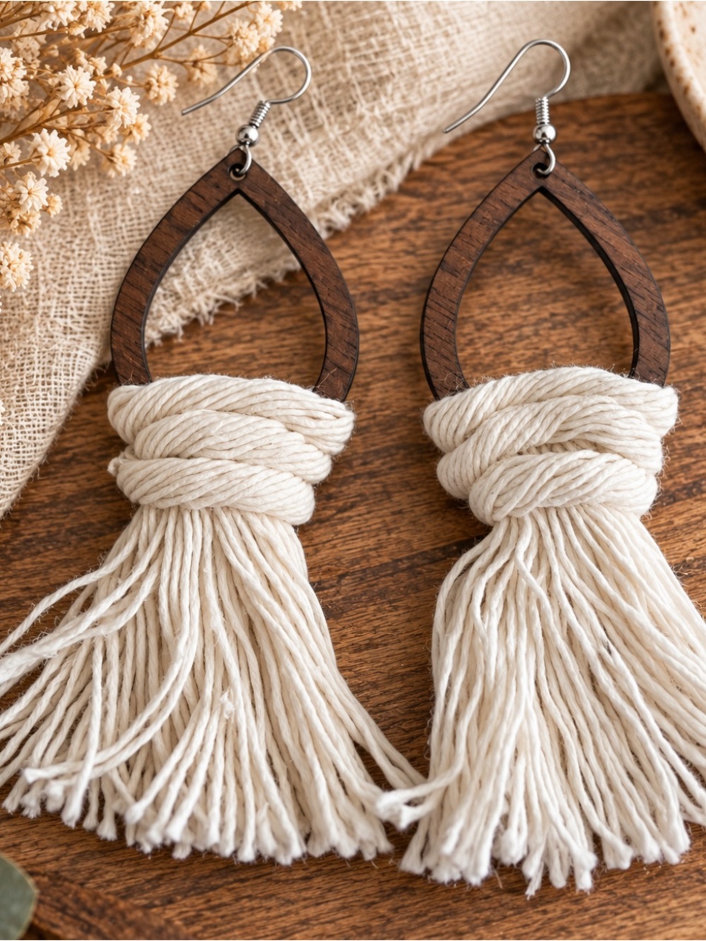 White Macrame Tassel Earrings Walnut Wood Boho Fringe Statement Earrings 3”